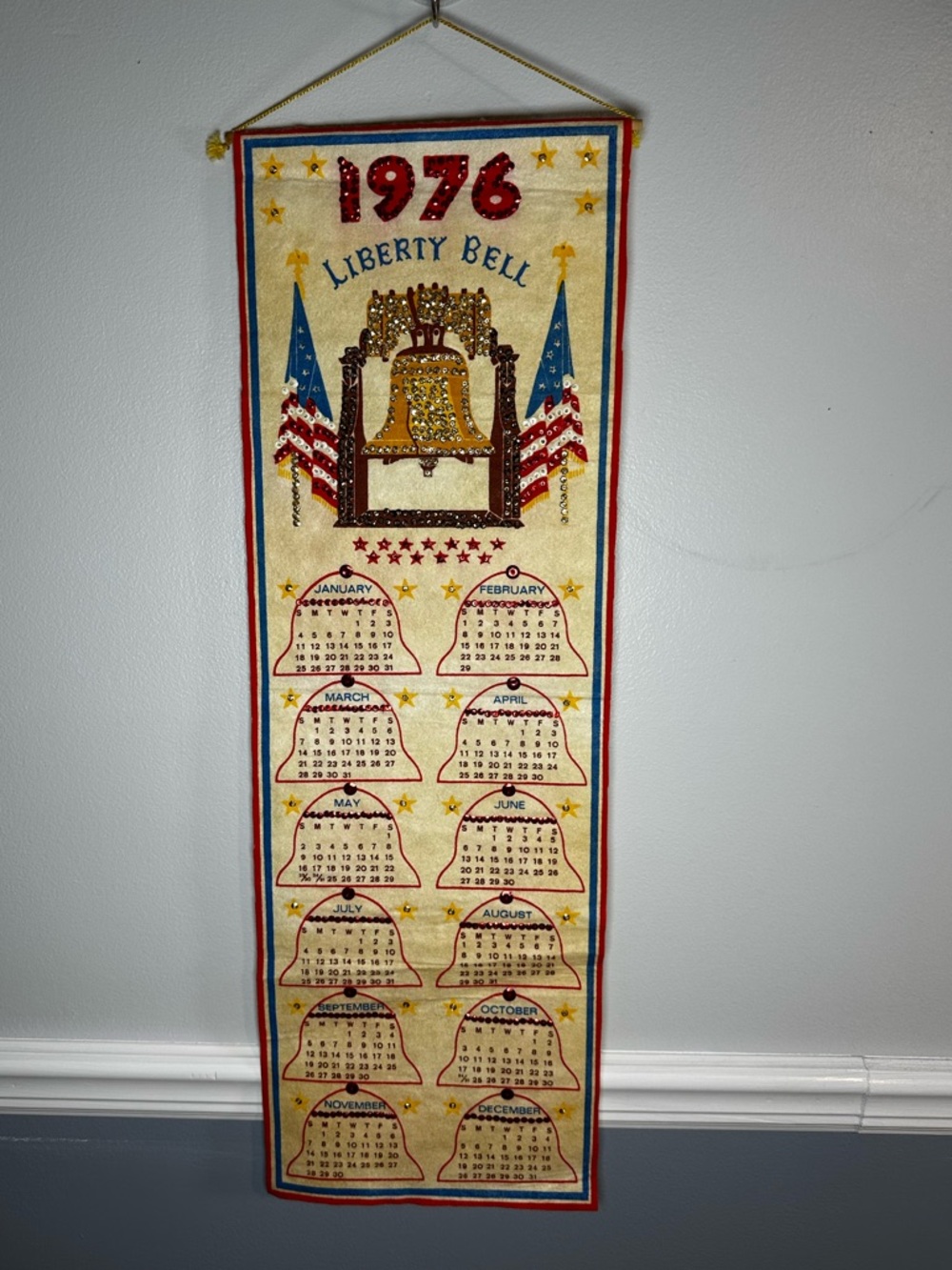 Vintage Handmade 1976 Liberty Bell Sequin Wall Art Hanging Calendar